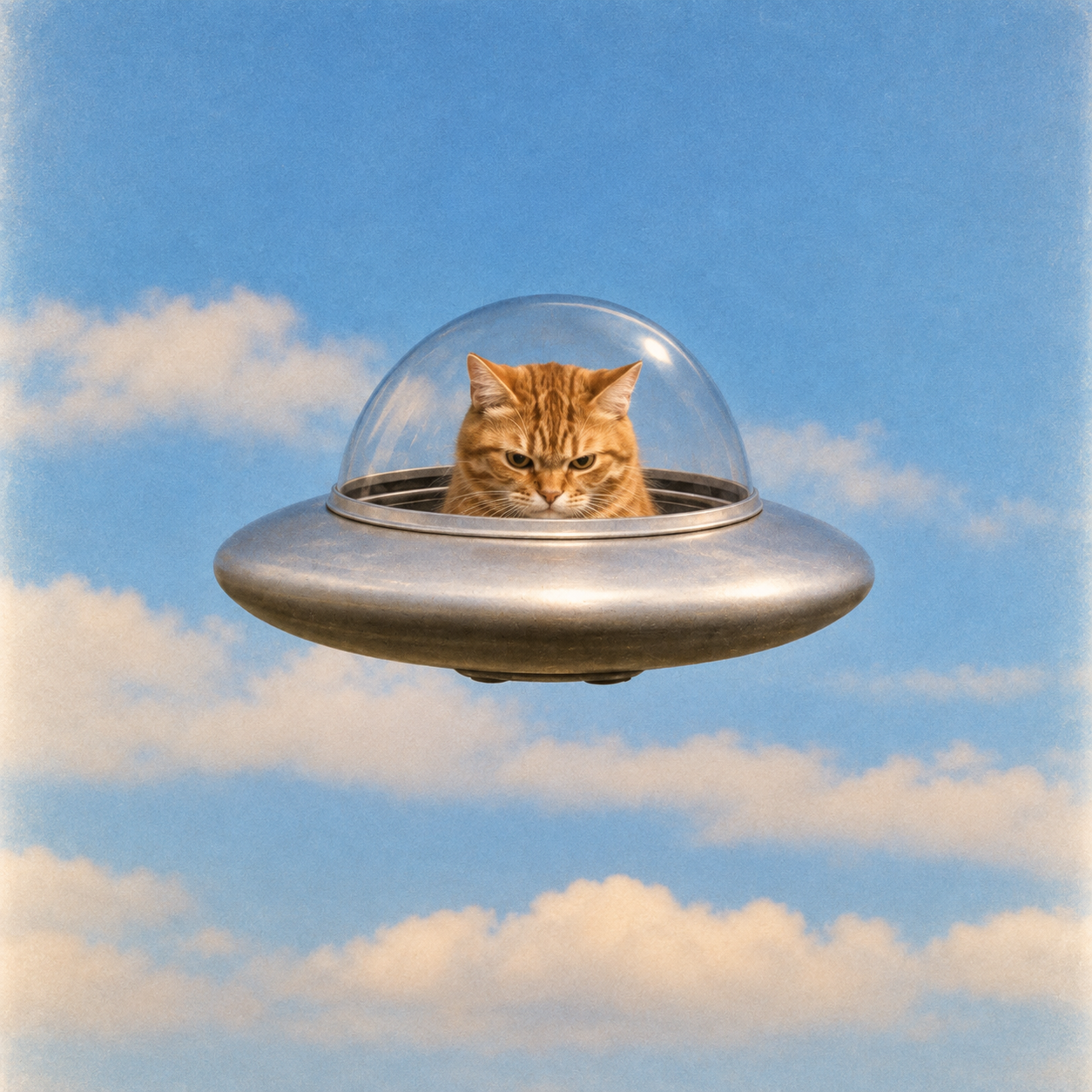 An orange cat piloting a metallic flying saucer in a blue sky